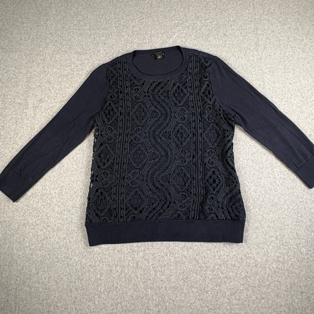 Ann Taylor Sweater M Navy Blue Lace Front 3/4 Sleeve Romantic Feminine Workwear